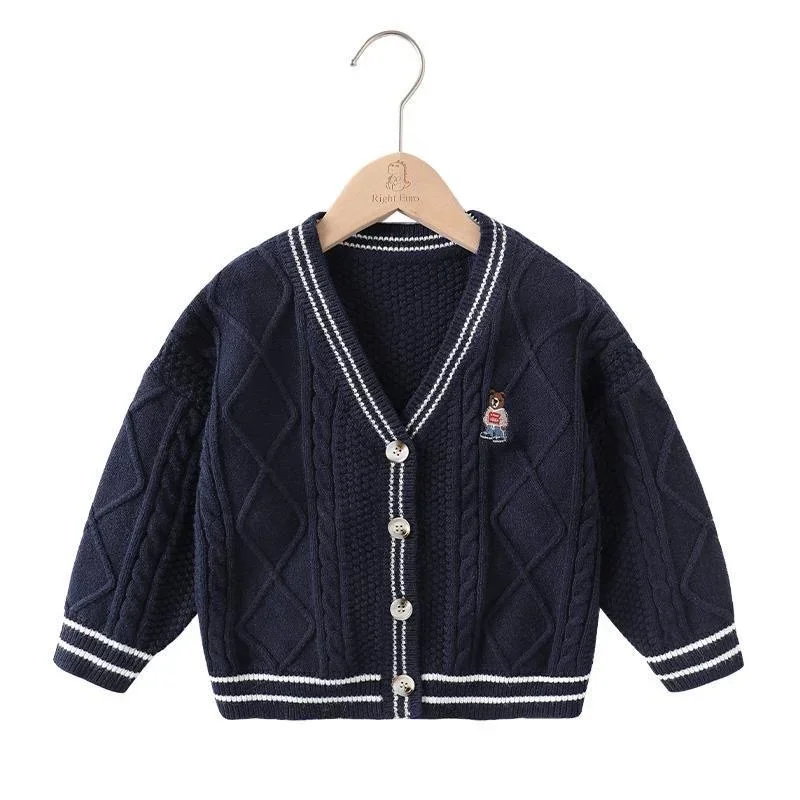 Boys and girls preppy style cartoon baby knitted cardigan autumn children kids baby  bear sweater coat.