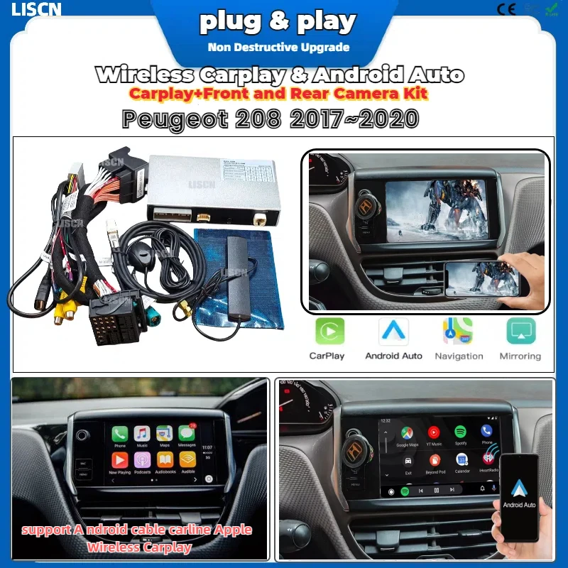 Wireless CarPlay Peugeot 208 2017~2020 Apple CarPlay Android Auto Mirror Support For Front Rear View Camera