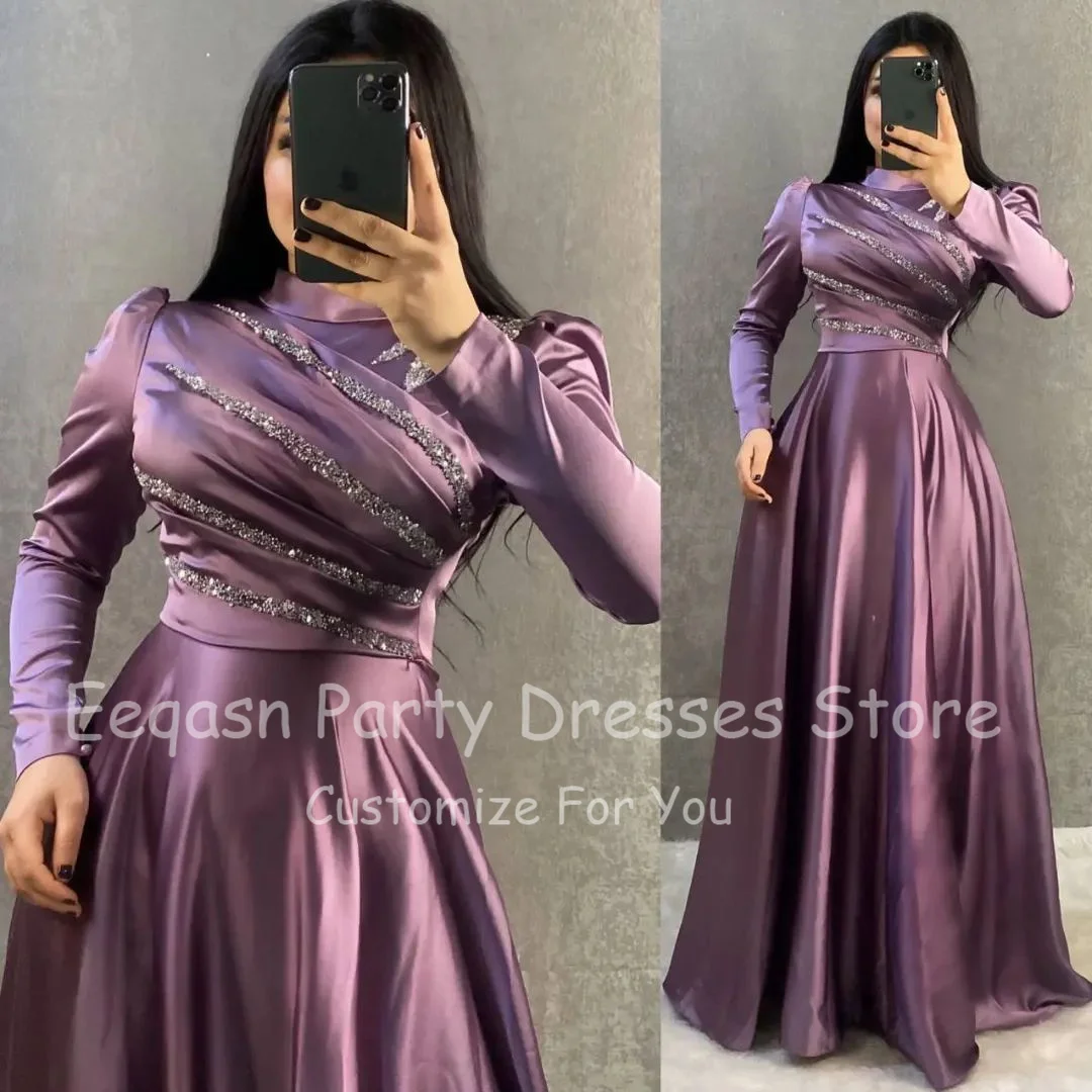 Customized Long Sleeves Muslim Formal Evening Dresses High Neck Beaded Prom Gowns Women Floor Length Specail Occasion Event