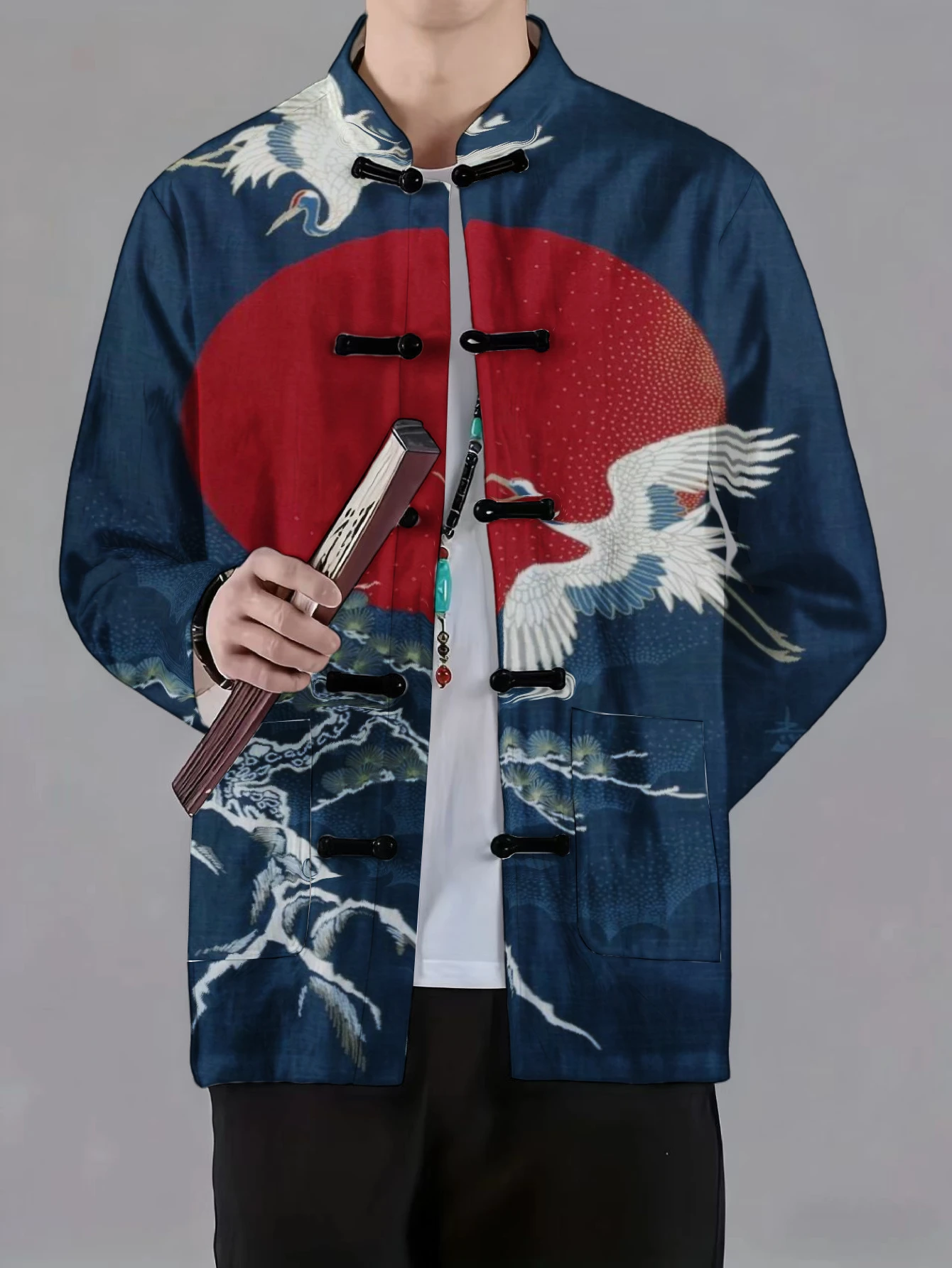 Men Mandarin Collar Frog Button Jacket Ink Wash Crane Camouflage Leaf Print Traditional Outerwear
