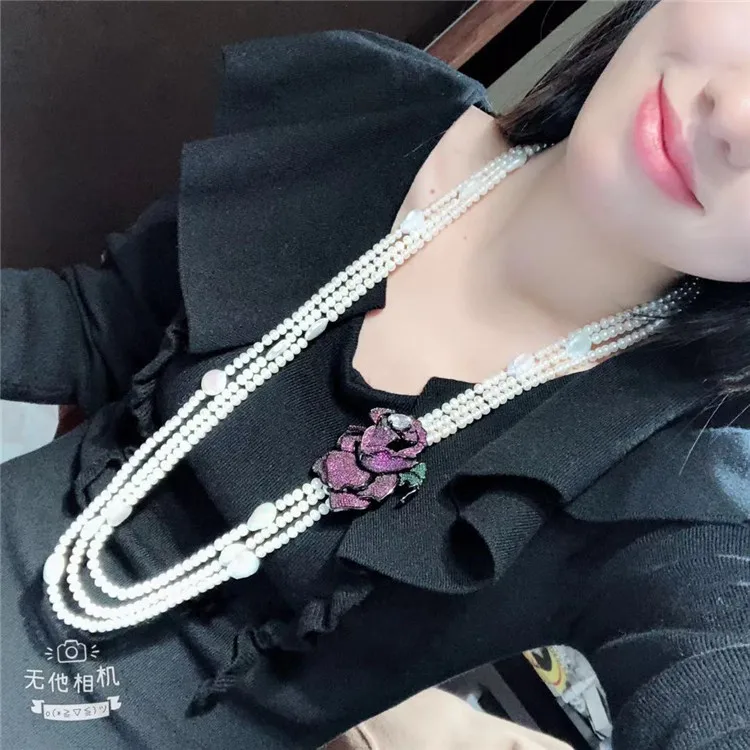 Natural 3strand 5-6mm freshwater pearl 11-12mm coin pearl micro inlaid zircon flower buckle accessories long style sweater neckl