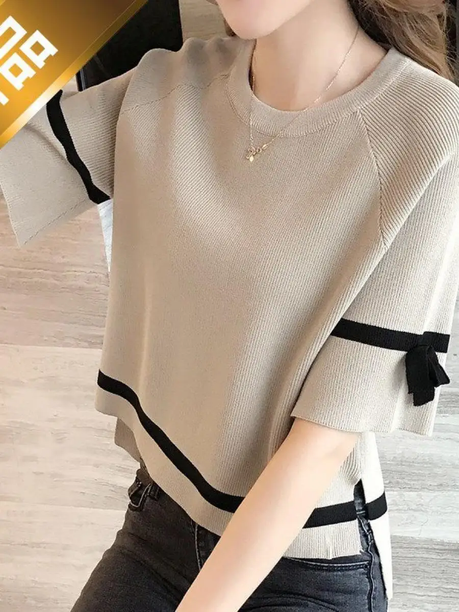 ルーズアイスシルク半袖ニットtシャツレディース夏の新スタイルツーピースセット薄手の服オーバーヘッドセーター