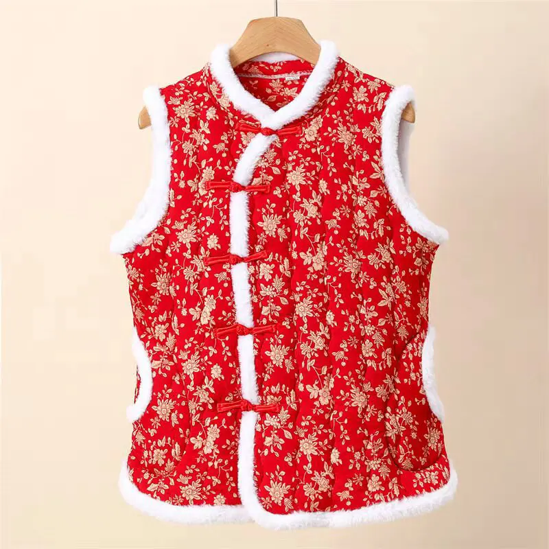 Plus size Chinese Style Winter Warm Cotton-padded Vest Northeast Flower sleeveless parkas Cheongsam Old-fashion peony tang vests