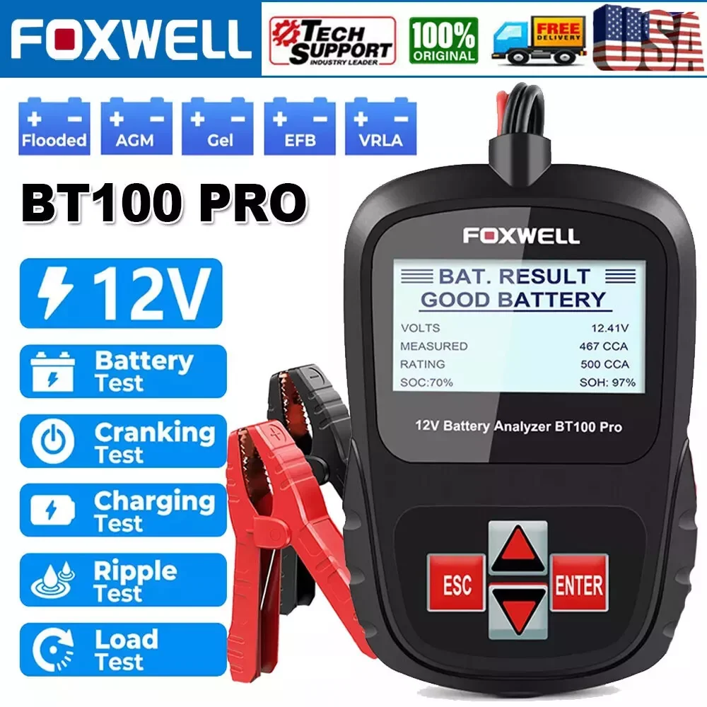 

FOXWELL BT100 pro 12V Car Battery Tester Digital Analyser for Lead Acid Flooded AGM GEL Batteries 100-1100CCA Diagnostic Tool