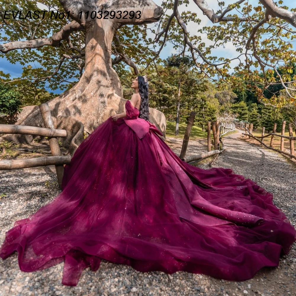 

EVLAST Customized Glitter Dark Pink Ball Gown Quinceanera Dress Lace Applique Beaded Bow Sweet 16 Vestidos De 15 Anos E1QN235