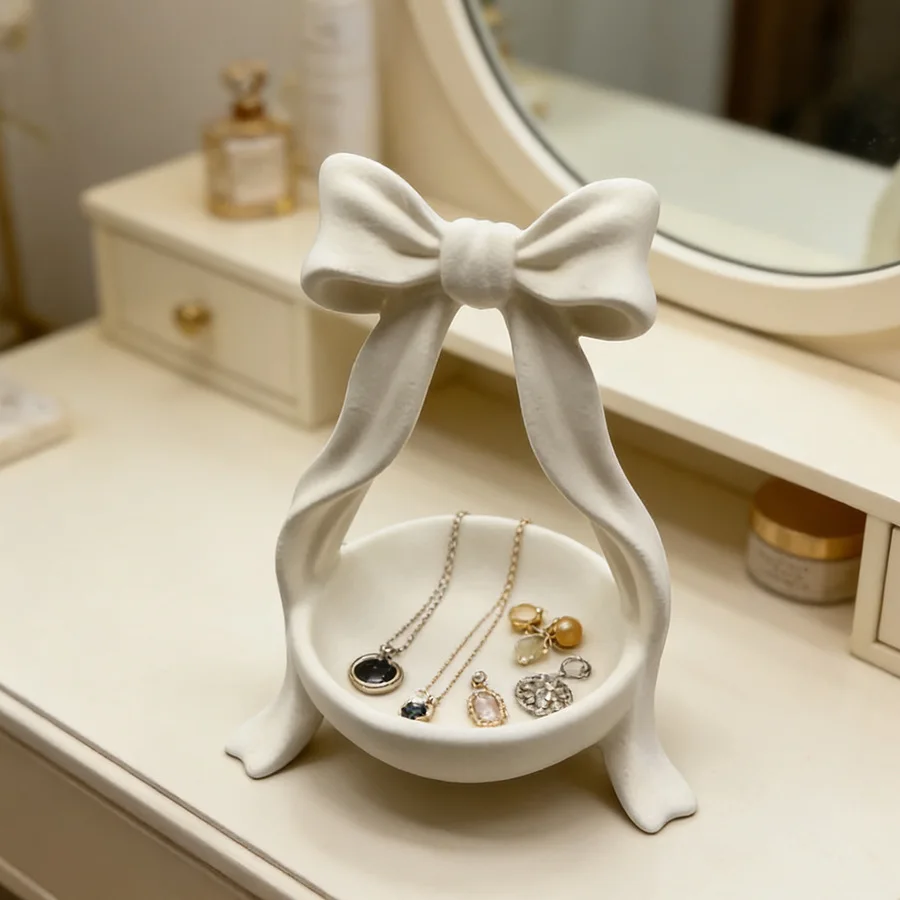 Cute Bow Jewelry Tray Aesthetic Jewelry Holder Trinket Organizer for Earrings Rings, Cute Vanity Decor Gift