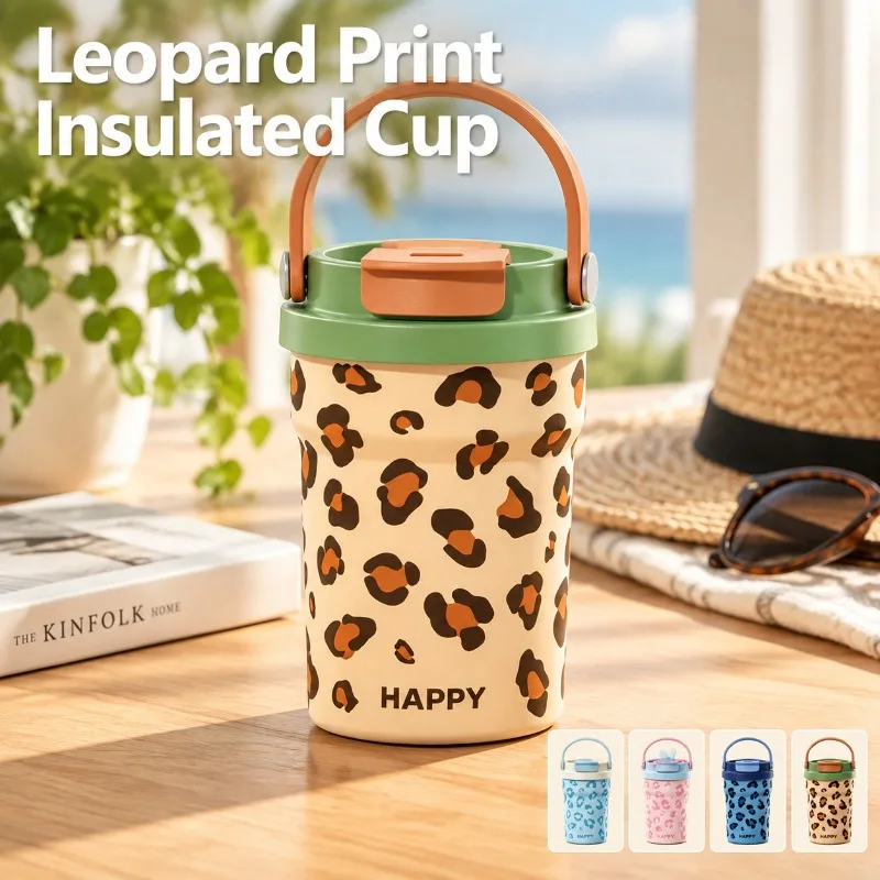 New Leopard Print Coffee Mug 316 Stainless Steel Dual Drinking Insulated Cup Stylish Portable Handled Straw Water Bottle