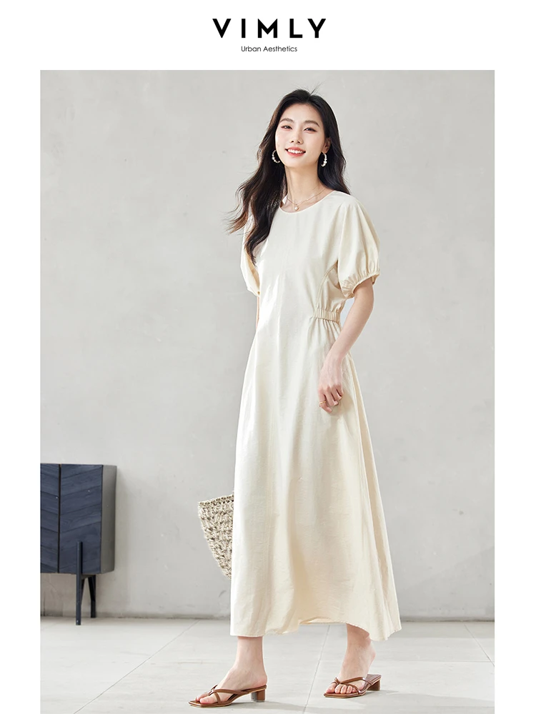 

VIMLY Women's French Style Simple Loose Dress Summer Casual Puff Five-Quarter Sleeve O-Neck Waisted Dress Party Evening Dress