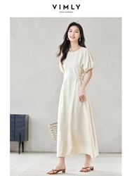 VIMLY Women's French Style Simple Loose Dress Summer Casual Puff Five-Quarter Sleeve O-Neck Waisted Dress Party Evening Dress