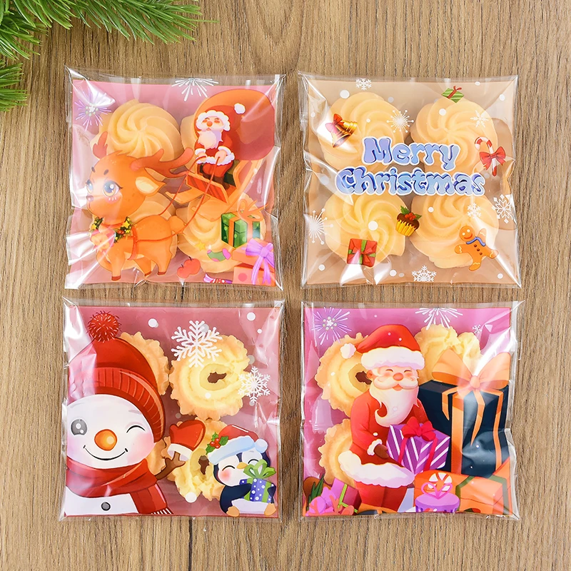 

100pcs Christmas Baking Candy Cookies Bag Self-adhesive Biscuit Gift Packaging Snack Bag Navidad New Year Party Xmas Supplies