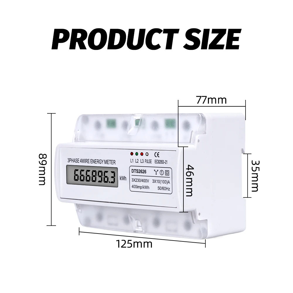 DTS2626 Display LCD digitale su guida DIN 380V Fase 4 fili Watt elettrico Misuratore di energia Wattmetro di tensione kWh 3X10 100A AC