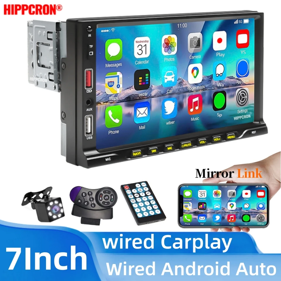 

HIPPCRON Car MP5 Radio 7 Inch HD Display Screen Wired Carplay and Android Auto for Vehicle Audio player with Control and Camera