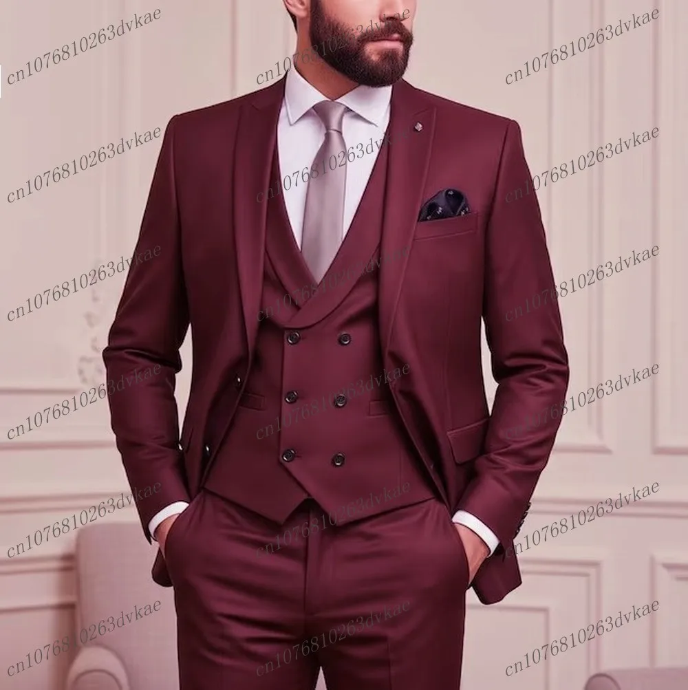 New Formal Customize Burgundy Business Men Suit Groom Groomsman Wedding Party Prom Male Tuxedos 3 Piece Set Blazer Vest Pants