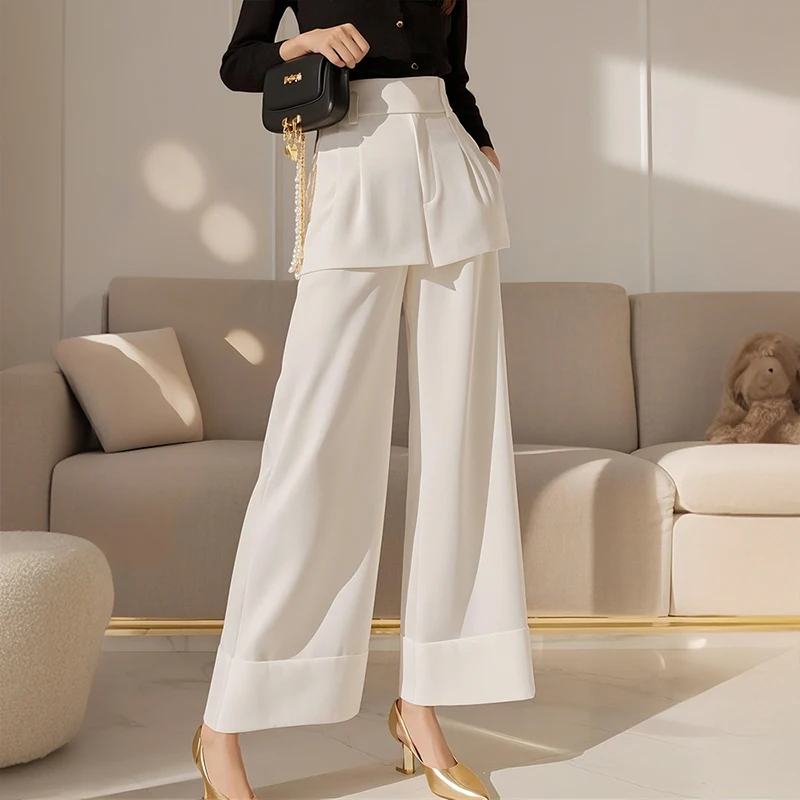 

White Wide Leg Pants Suit Casual High Waist Straight Cut Spring New Sle Women's Faion Commute Sle PVC Material Comfortable