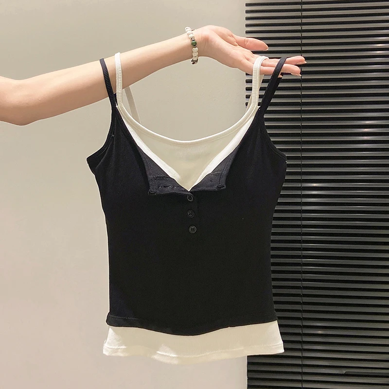 Faux Camisole deux pièces pour femmes, mode printemps-automne, court, Slim, coussin de poitrine, débardeur, vêtements de rue épicés pour filles