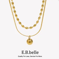 E.B.belle Simple Double-layer Rice bead Pendant Necklace 316L Stainless Steel Decoration 18K Gold Plated Jewelry