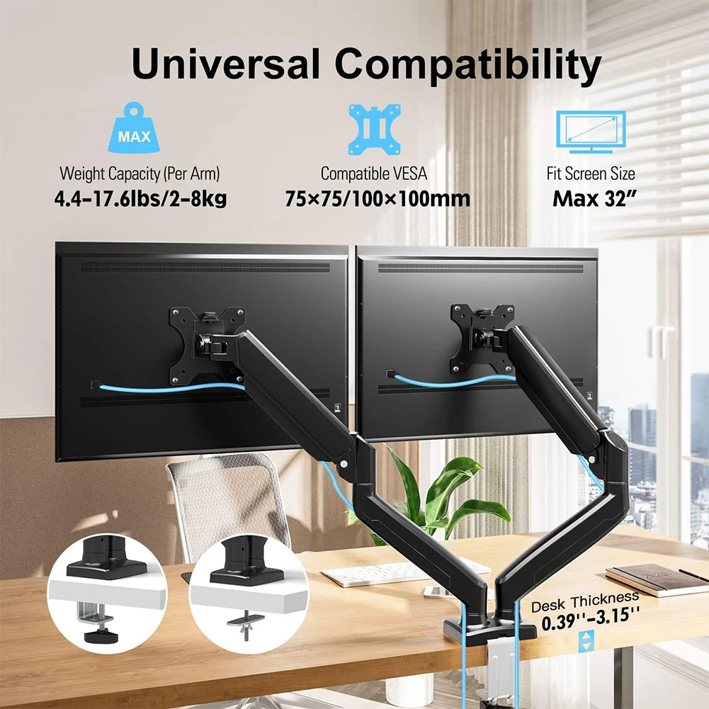 Dual Monitor Stand for 13-32 inches Screens Adjustable Grommet Mounting Base Holds Up To 19.8lbs Expandable Display Bracket