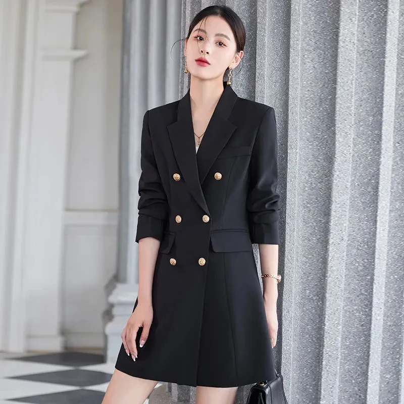 

Spring Autumn Mid-Long Suits Jacket Women 2025New Suit Collar Coat Fashion Double-Breasted Outerwear Loose Elegant Blazer Female
