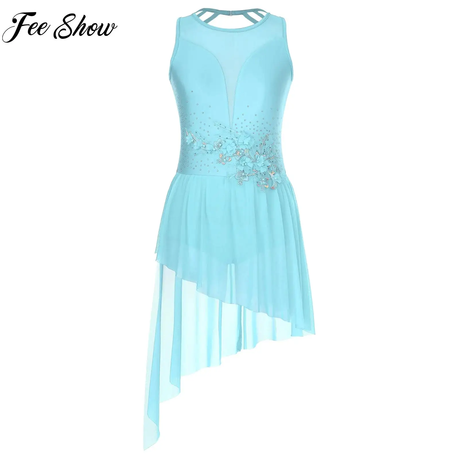 

Women Applique Contemporary Lyrical Dance Dresses Sleeveless Cutout Strappy Back Asymmetric Hem Dress Figure Skating Dancewear