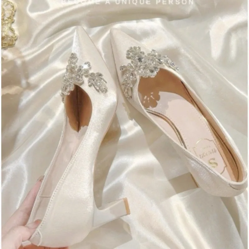 Gold  Heels Fine Heeled Shoes Sexy Pump 2024 All-Match Slip On Sandals Ladies Pointed Wedge Lace-Up Stiletto Crossdressers Cryst