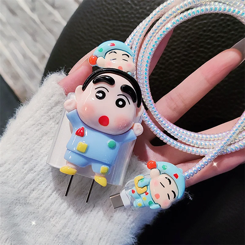 4pcs/set Crayon Shin-chan Data Cable Protective Case 20W for Iphone 15 14 Kawaii Cartoon Anti-fracture Charger Protective Case