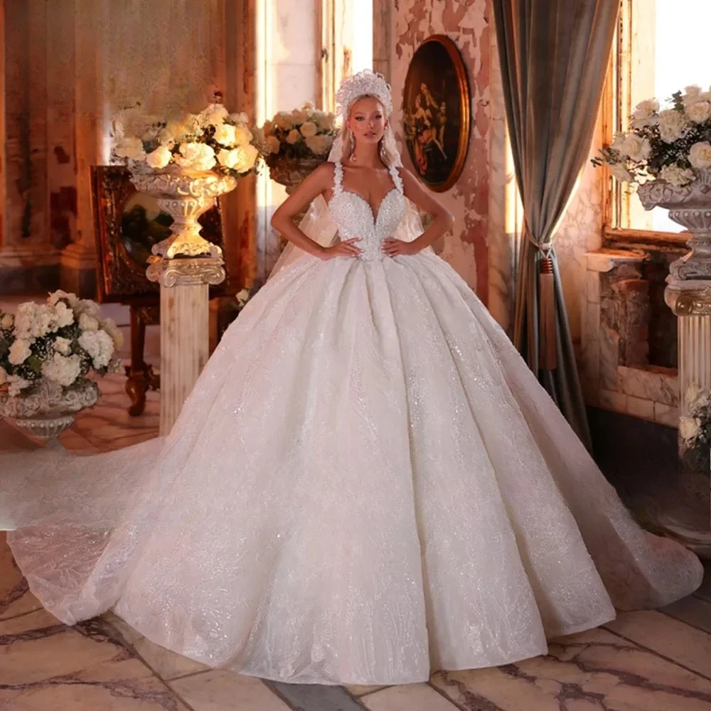 Customized Luxury Lace Beading Pearls Embroidery Princess Ball Gown Wedding Dress Spaghetti Straps Puffy Bridal Gowns