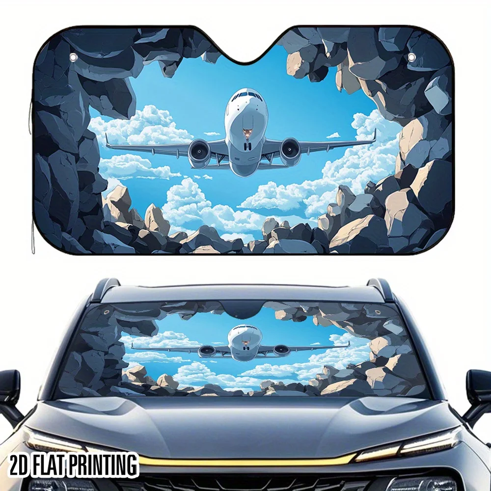 1pc 2D Flat A Plane Crossing The Valley Print Car Sunshade – Stylish & Efficient, Keeps Your Car Cool, Includes 4 Suction Cups F