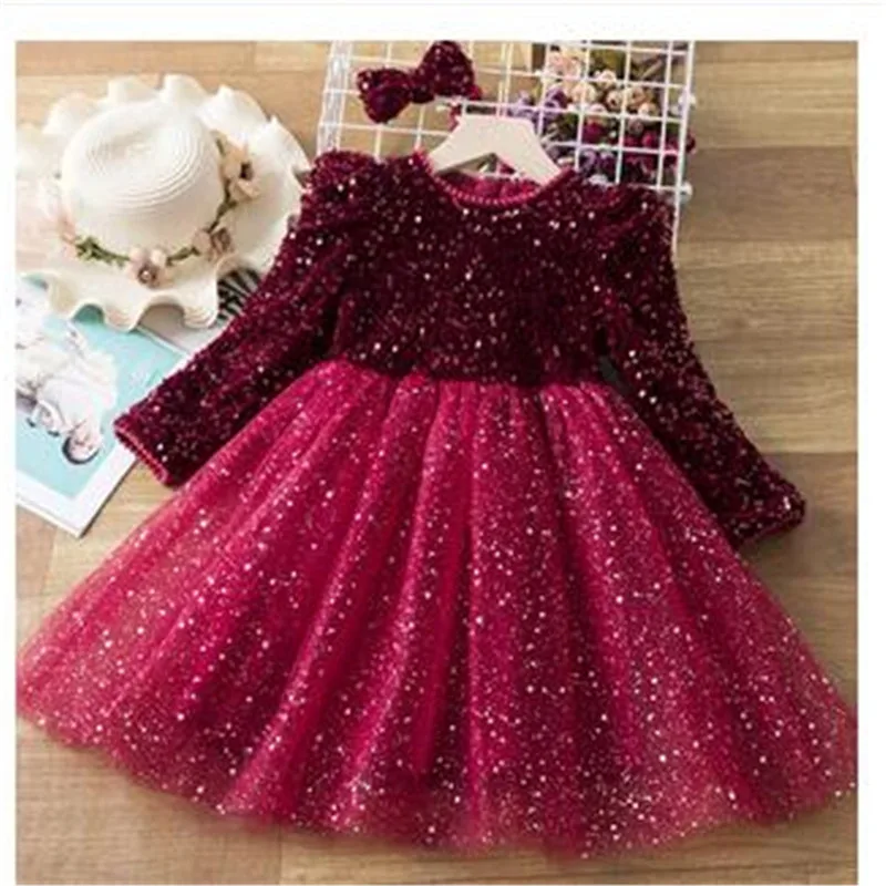 Puff Sleeve Christmas Girls Princess Party Dresses for Winter Sequin Wedding Evening Gown Long Sleeve Children Casual Clothes