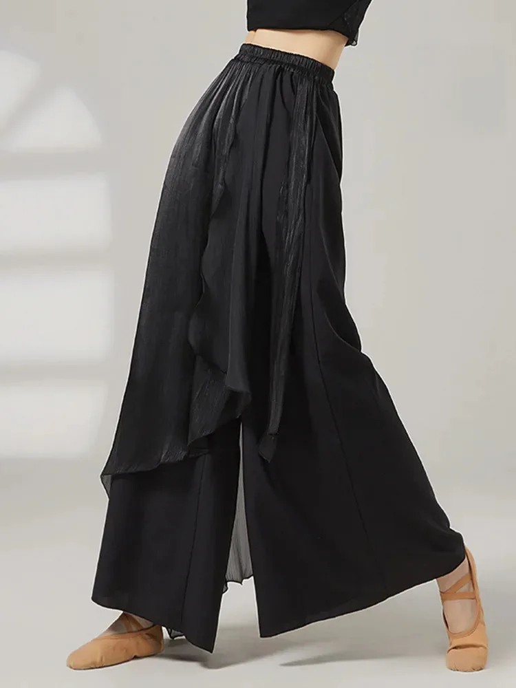 여성용 솔리드 컬러 하이 웨이스트 와이드 레그 팬츠, 루즈한 발레 댄스 바지, 투피스 룩, 무대 및 연습복