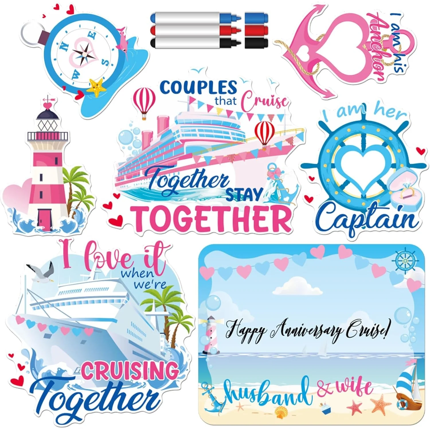 Cruise Door Decorations Magnetic - 10 Pcs Couple Ship Magnets Husband Wife Stickers Cabin Anchor Stateroom Decals with Pens Anni