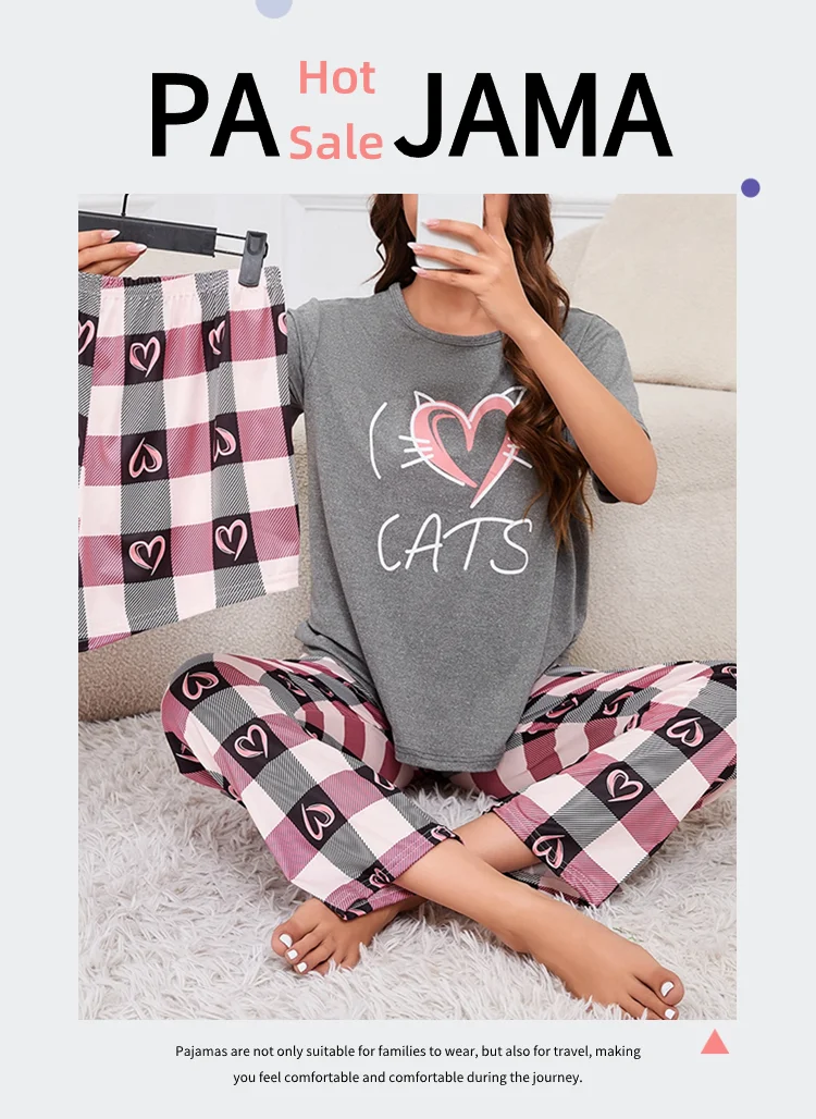 Damen-Pyjama, Heimanzug, weicher Komfort, Nachtwäsche, Loungewear, Herbst, Rundhalsausschnitt, Tops und Shorts, Pyjamahose, 3-teiliger Pyjama für Damen – Detail 1