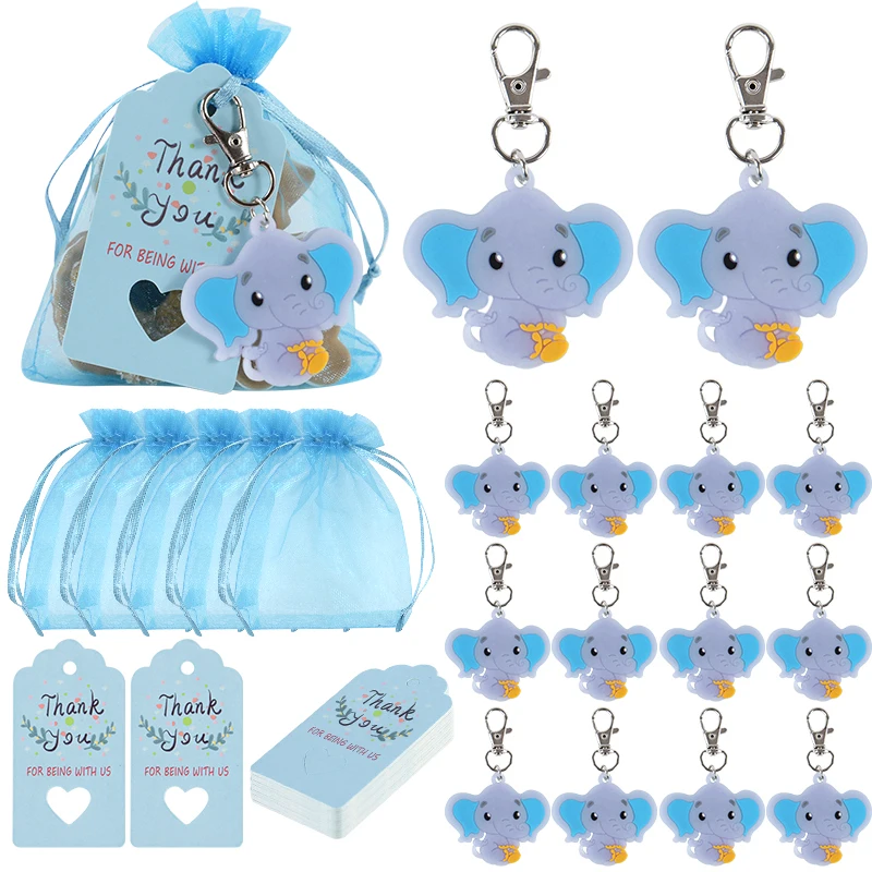 10-30pcs Elephant Keychain Organza Bags Baby Shower Souvenirs Gifts with Thank You Tags Kids Birthday Party Favors for Guests