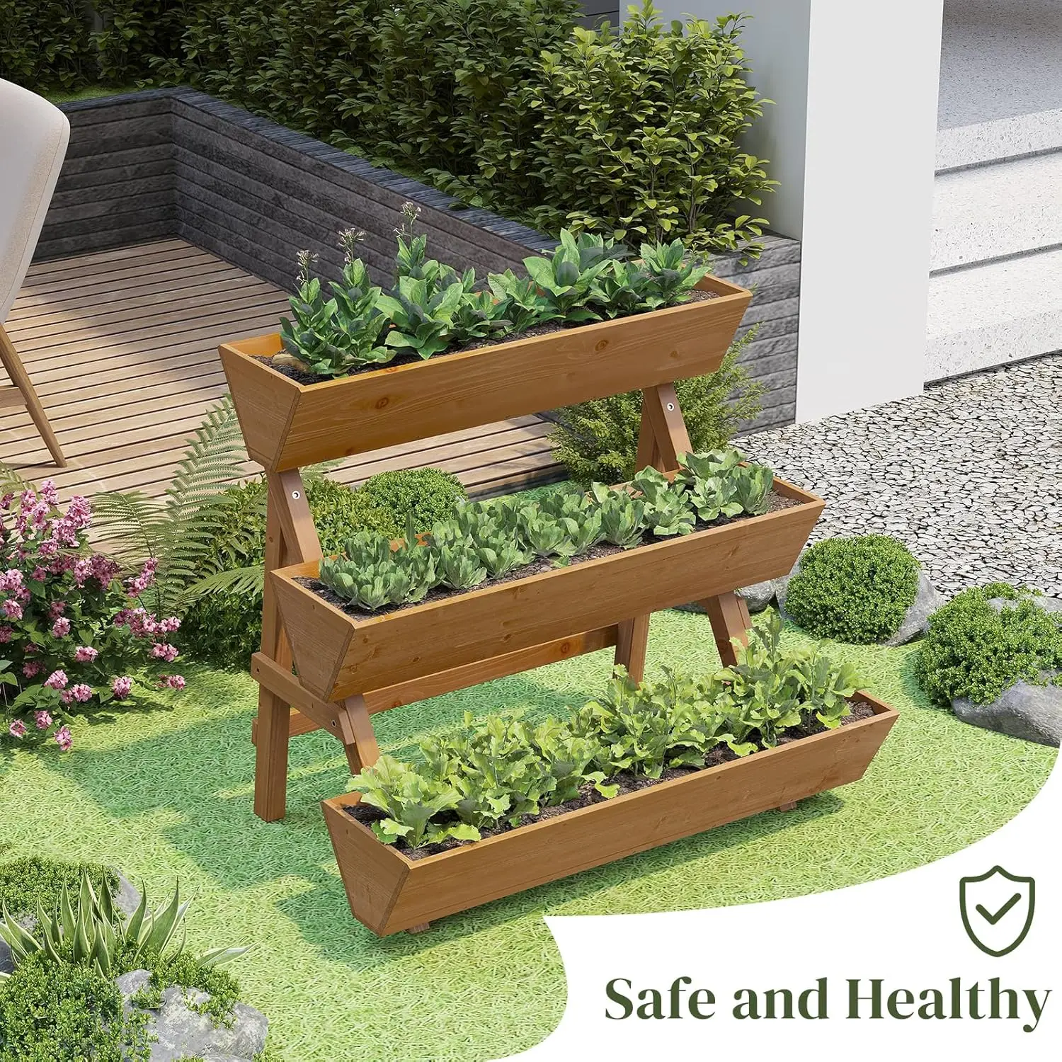 パティオ&バルコニーガーデニング、木製、ブラウン - 3段式 - Raised Garden Bed のレビューと価格