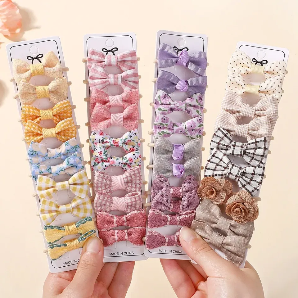  BABY BOWS 10Pcs Girls Fresh Bowknot Head Rope Sweet Printing Double Ponytail Hair Ties Bands Head Scrunchies Without Cardboard 