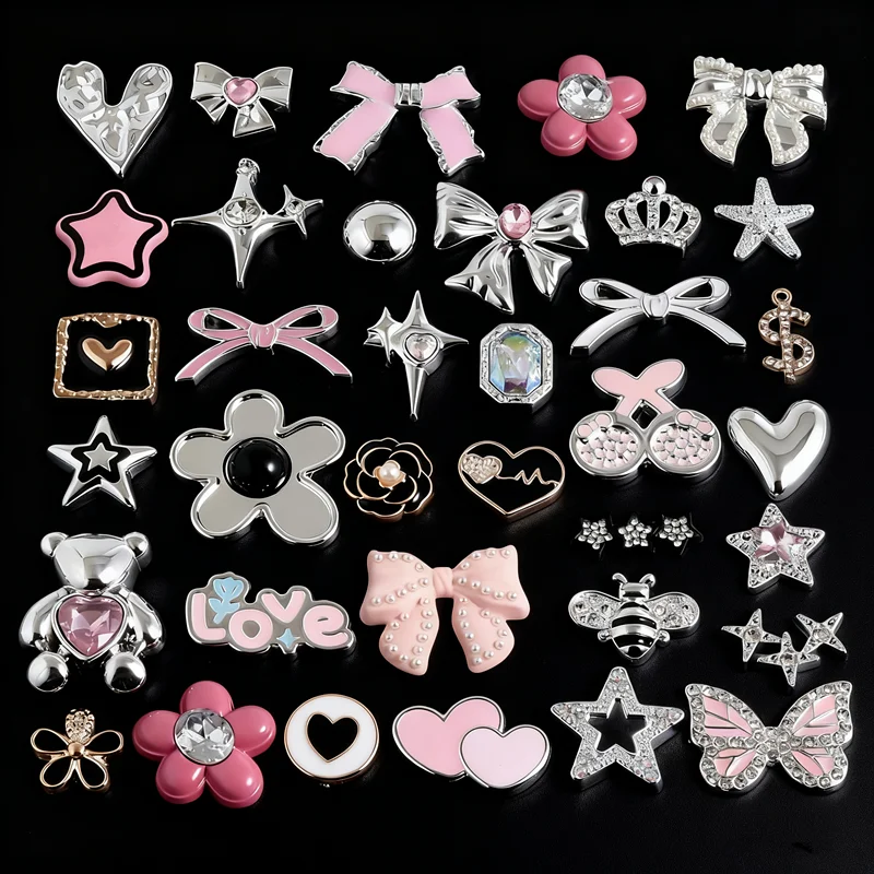 10/20/30/50pcs Random Mix Silver Color Heart Bow Star Charms For Junk Cases Flower Pink Girl Pendant DIY Hairpin Phone Case Bulk