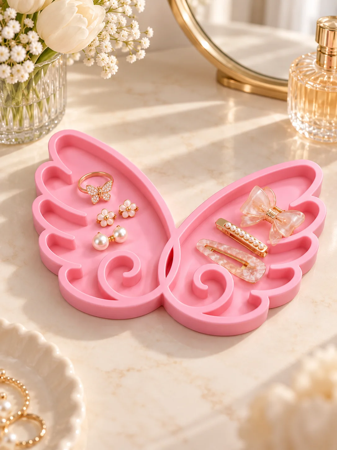 Butterfly Wing-Shaped Desktop Jewelry Storage Tray, 3D Printed Pink Petg Angel Wing Storage Dish, Dual-Compartment Tidy Partitioning with Raised Edge Design, Ring, Earring, Hairpin, and Jewelry Display Storage Rack, Paper Clip and Stationery Desktop Organizer, Suitable for Dressing Table, Bedroom, Bedside, Office Desktop Clutter Organization, Cute Girly Style Home Decoration, Compact and Portable, Multi-Purpose