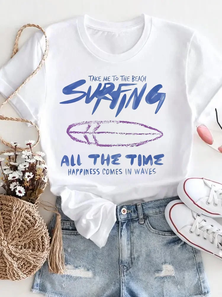 

Pattern Surfing Club Print Popular 90s White Top Short Sleeved Beach Vacation Pattern Cartoon Women's Street Trendy T-Shirt