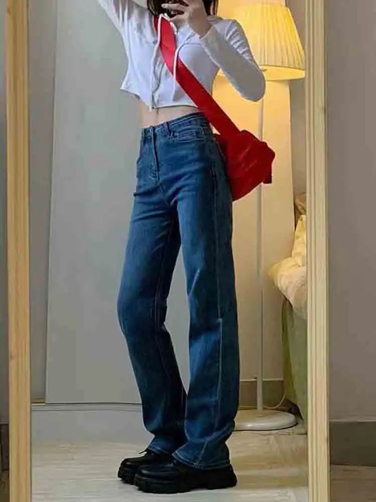

Прямые джинсы женские джинсовые синие весенние базовые для отдыха винтажные модные корейские потертые Ulzzang с высокой талией простые универсальные