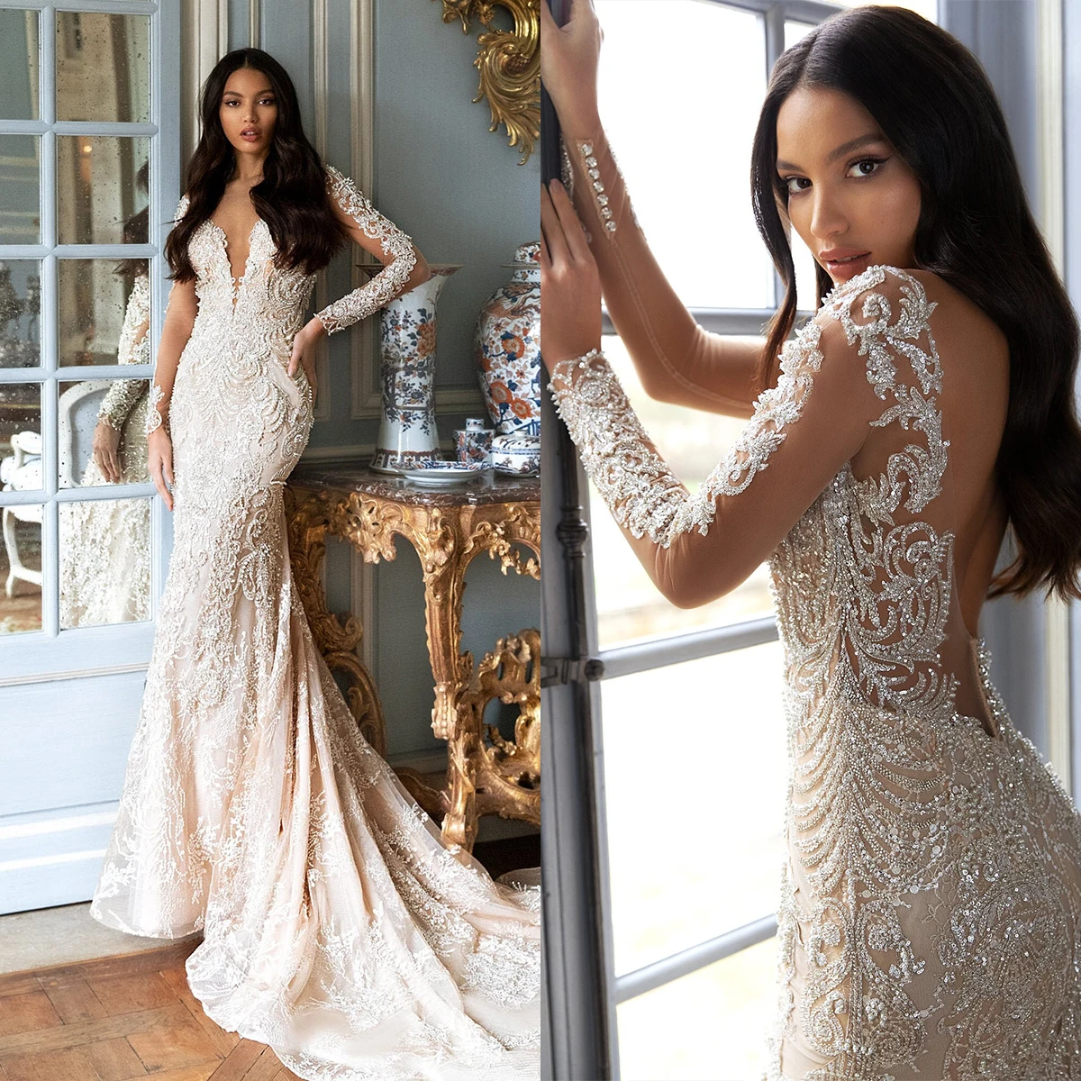 

Exquisite Mermaid Wedding Dresses Shining Sequins V-neck Illusion Long Sleeves Sweep Train Bridal Custom Made Robe De Mariée