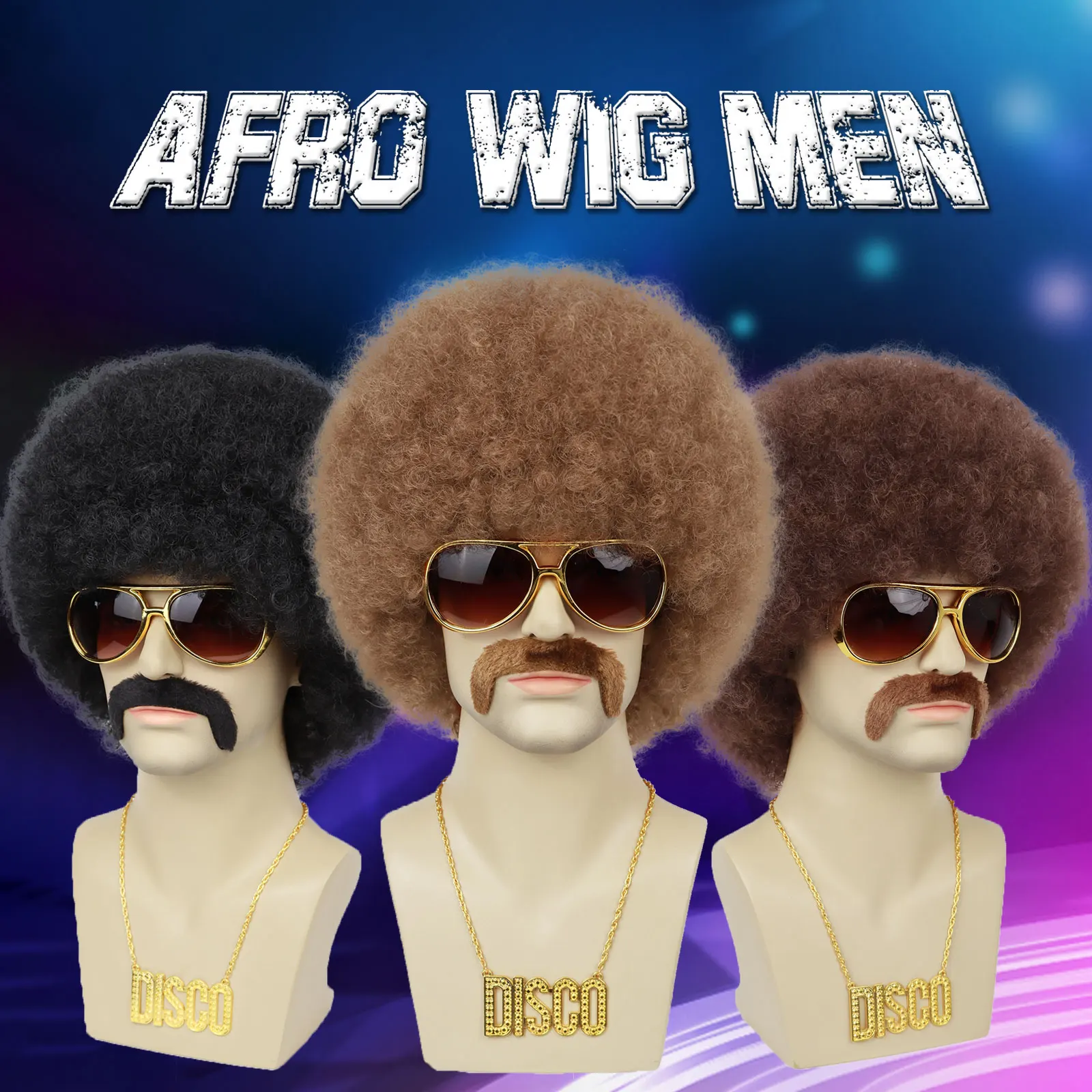 Mens Afro Wig for 70s Rocker Disco Party 5pcs Set Synthetic Afro Puff Wig for 70s 80s Halloween Costume Cosplay Party Use image 5