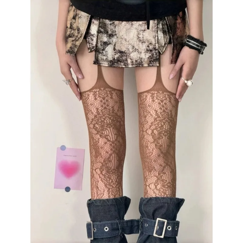 Nuevas medias de red marrones estampadas para mujer, calcetines sexis de café calados hasta el muslo, calcetines góticos de Lolita japonesa por encima de la rodilla, calcetines largos