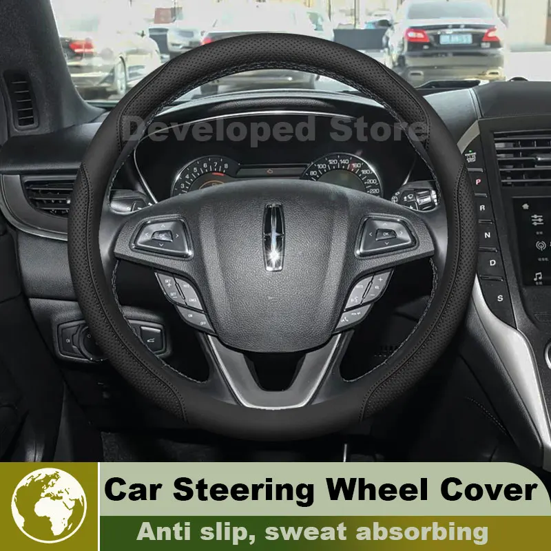 Leather Car Steering Wheel Cover For Lincoln MKC Navigator 2014-2023 Round Auto Steering Wheel Interior Lincoln MKC Accessories