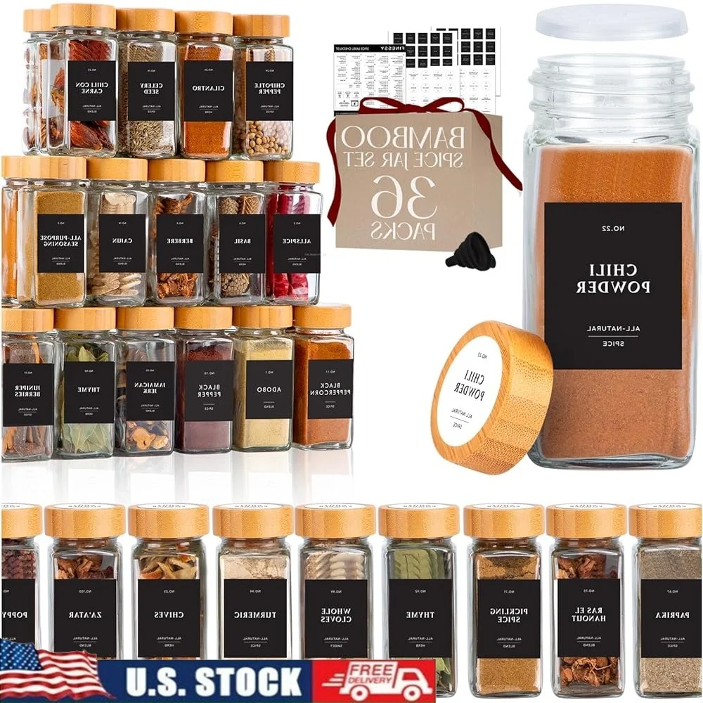 

Glass Spice Jars Set with Labels Bamboo Lids Airtight Containers Seasoning Organizer 36 Pack 4oz Clear Storage Bottles