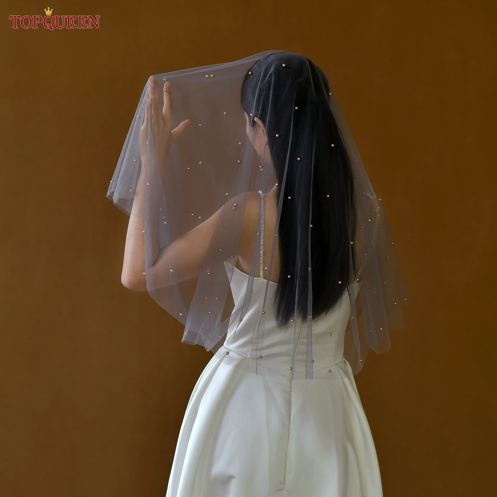 

TOPQUEEN дымчато-серый мягкий тюль цвета шампанского с жемчугом без расчески фата свадебные аксессуары подходят для женской праздничной фото M160