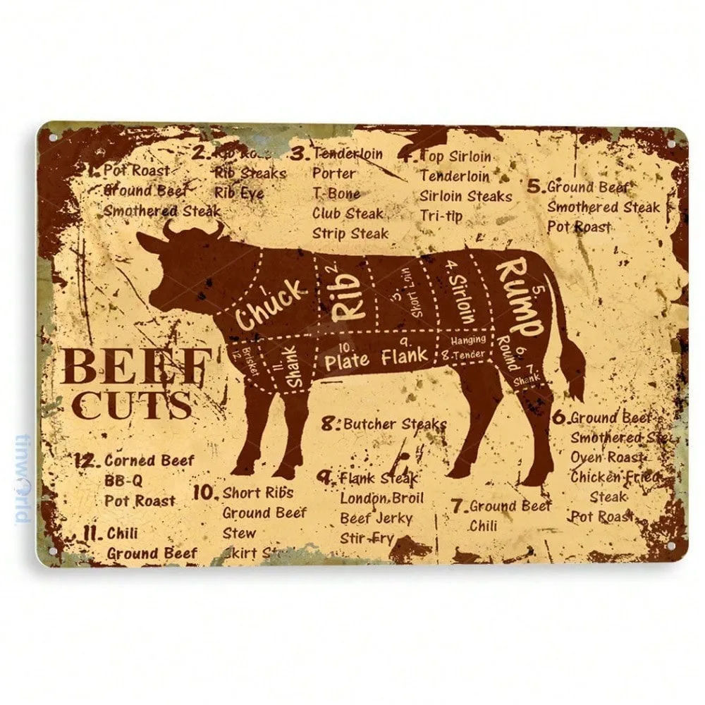 

Vintage Butcher Chart Beef Cuts Metal Sign Farmhouse Kitchen Wall Decor Cow Diagram Art Tin Plate