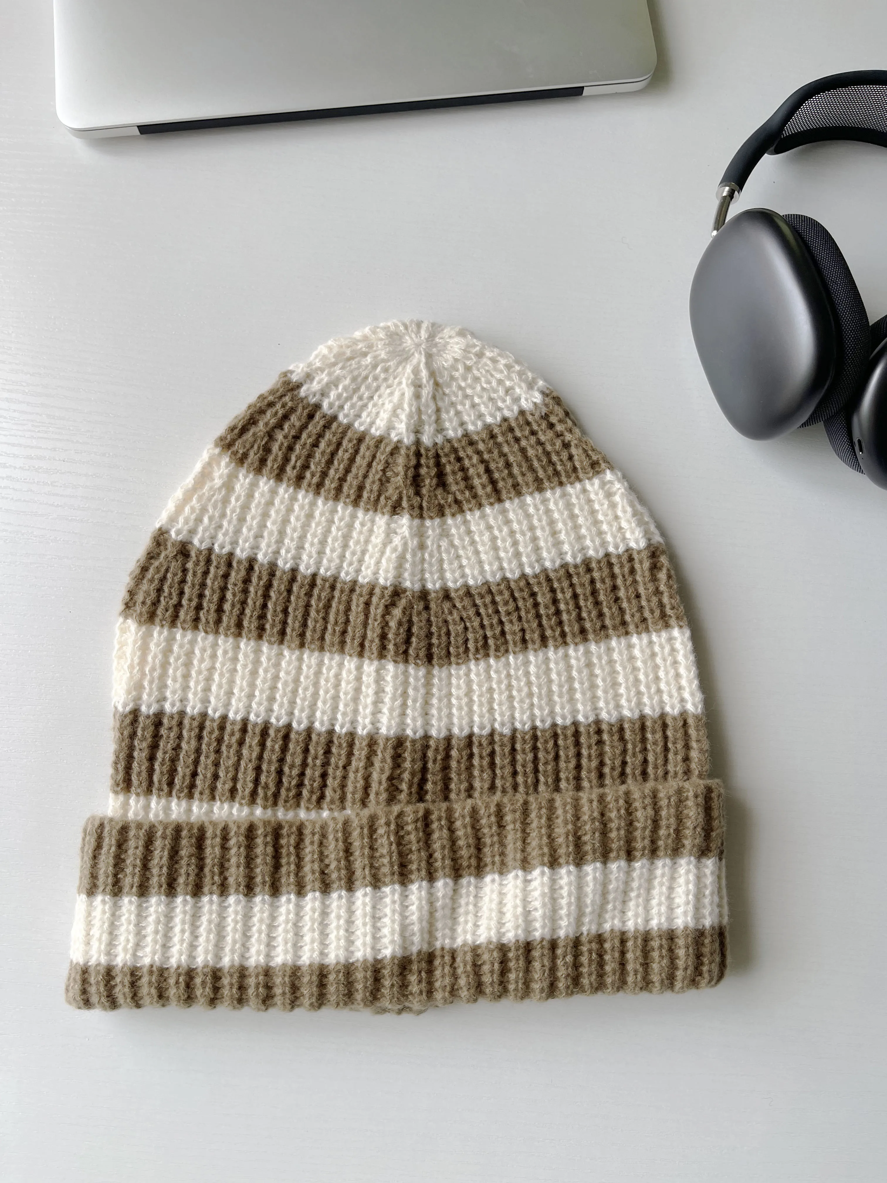 Unisex Winter Acrylic Knitted Cap Dopamine Color Stripe Warm big size 62cm Beanies for Women Cold Hat Casual Hip-hop Caps Female