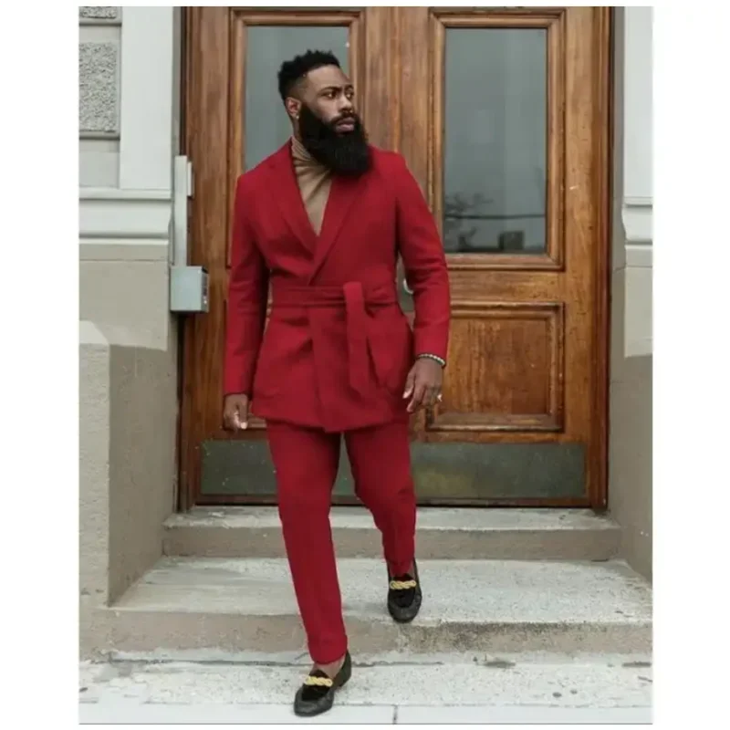 Red Men Suits With Belt Custom Made Double Breasted Fashion Prom Suits 2 Pieces Handsome Wedding Groom Coat+Pants Set