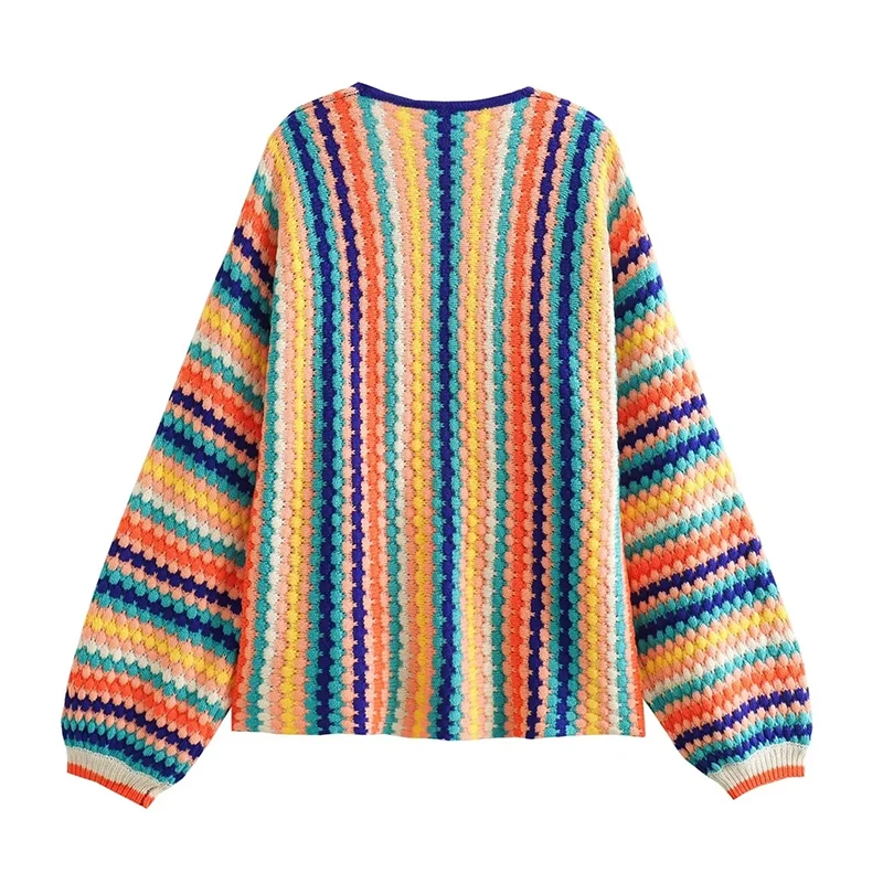 Spring Autumn Cardigan Stripe Sweater Casual Multi-color Hand Hook Loose Knit Women's Clothing Knitwear Soft Warm Female Tops