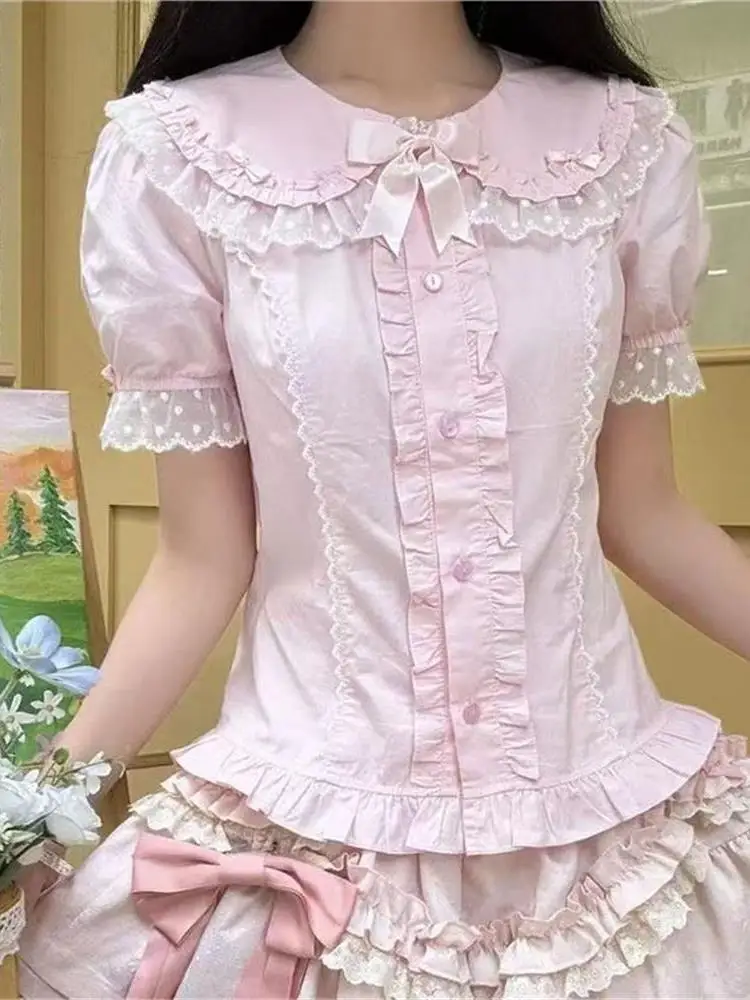 Sweet Lolita Soft Sister 2026 Summer Short Sleeve Doll Shirt Top Cute Lace  Shirt Women's Fashion Cotton round Neck Long ...