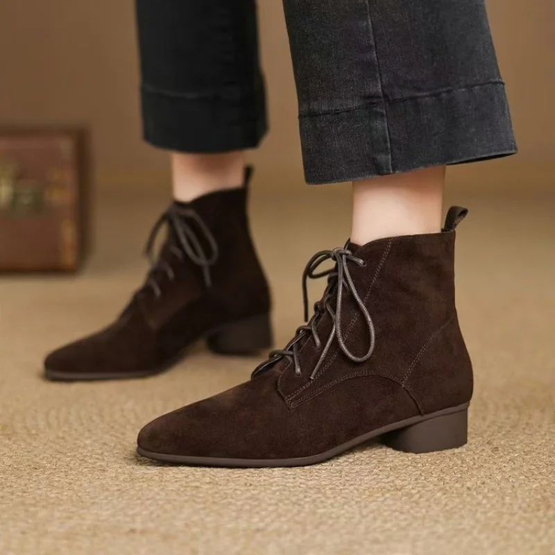 

​​2025 Autumn Winter New Women's British Style Suede Ankle Boots - Pointed Toe Chunky Heel Lace Up Minimalist Fashion Boots